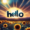 The word “hello” written in front of a sun that is rising over a field of yellow sunflowers