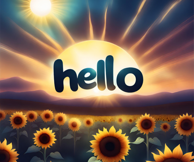 SunflowerSunriseHello The word “hello” written in front of a sun that is rising over a field of yellow sunflowers