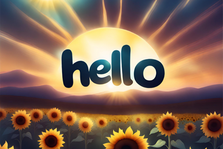 SunflowerSunriseHello The word “hello” written in front of a sun that is rising over a field of yellow sunflowers