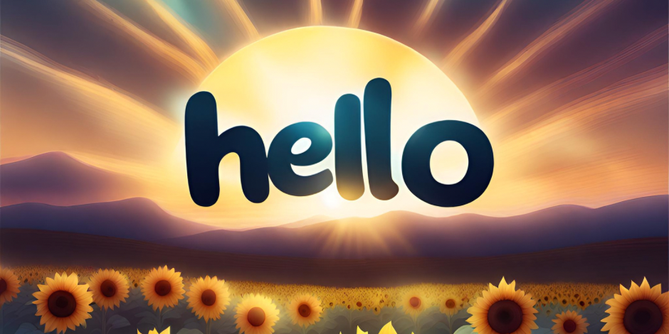 SunflowerSunriseHello The word โhelloโ written in front of a sun that is rising over a field of yellow sunflowers