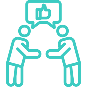Icon showing 2 people having a conversation, with a thumbs up symbol in the speech bubble